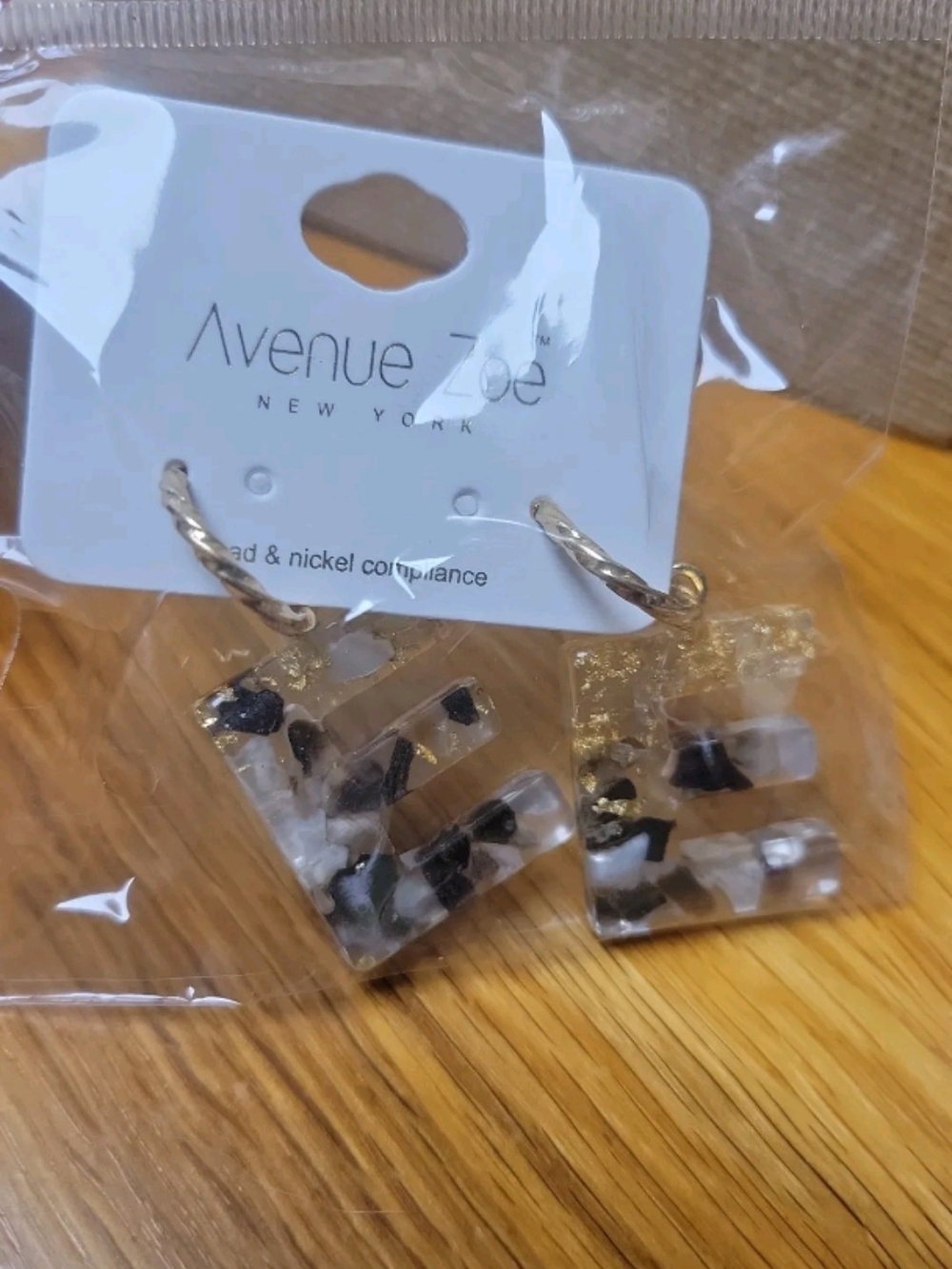 11- Avenue Zoe "E" Resin Square Drop Earrings with Gold Leaf
